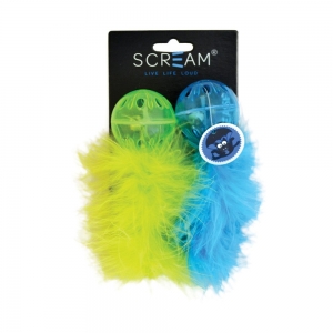 Scream LATTICE BALL w/FEATHER Loud Green & Blue 2pk - 16.5cm - Click for more info