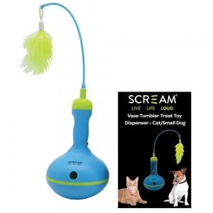 Scream VASE TUMBLER TREAT TOY DISPENSER - CAT/SMALL DOG Loud Green & Blue 28cm