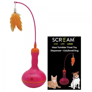 Scream VASE TUMBLER TREAT TOY DISPENSER - CAT/SMALL DOG Loud Pink & Orange 28cm