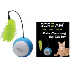 Scream ROLL-O TUMBLING BALL CAT TOY Loud Green & Blue 21cm